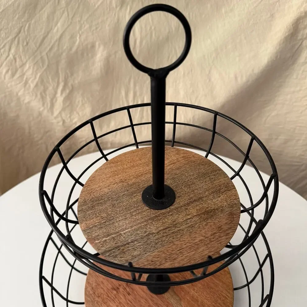 Threshold 2-Tier Mango Wood & Black Metal Wire Fruit Basket Farmhouse